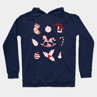 Christmas joyful illustrations of rocking horse, mushrooms, bear, snowman, Christmas stockings, candy cane, holly, gifts on a snow background. Hoodie